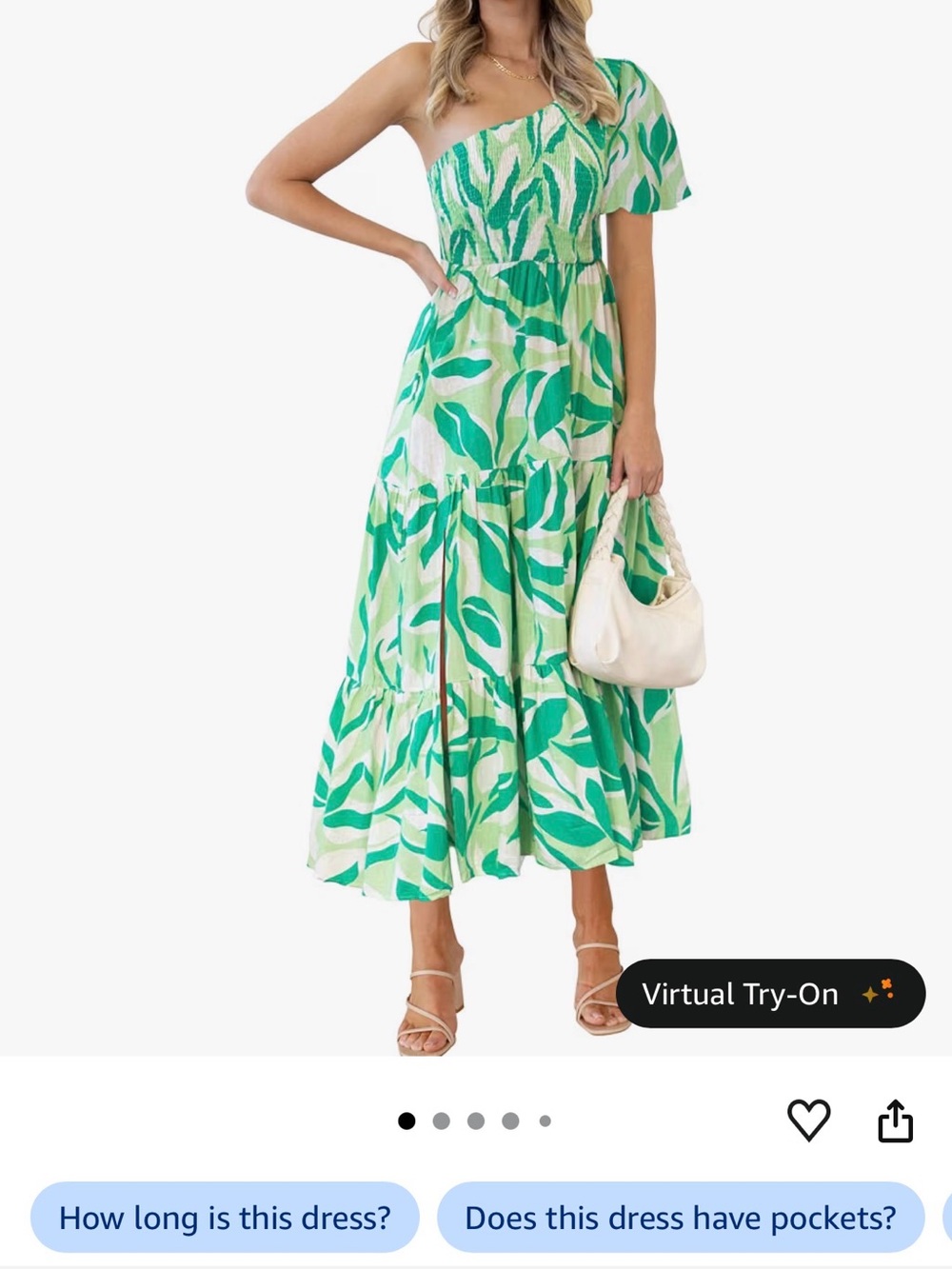 One-Shoulder Green Leaf Print Midi Dress